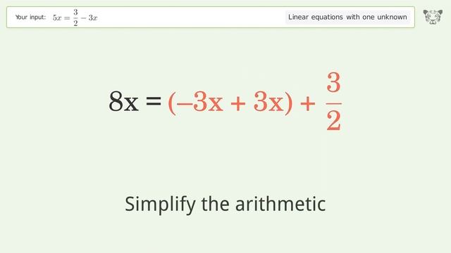 Solve 5x=3/2-3x: Linear Equation Video Solution | Tiger Algebra смотреть онлайн