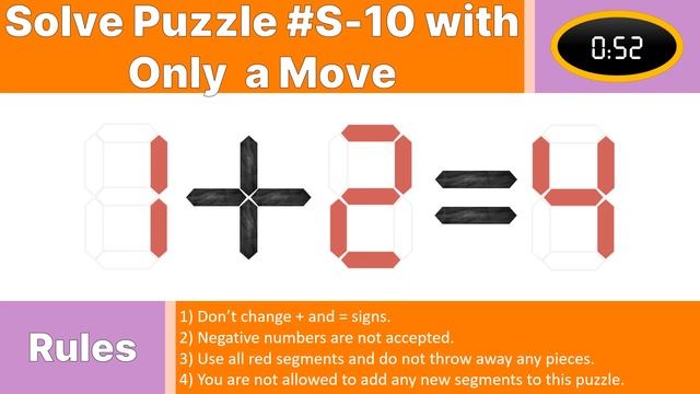 Seven Segment Puzzle no.S-10 ( 1 + 2 = 4) With solution. смотреть онлайн