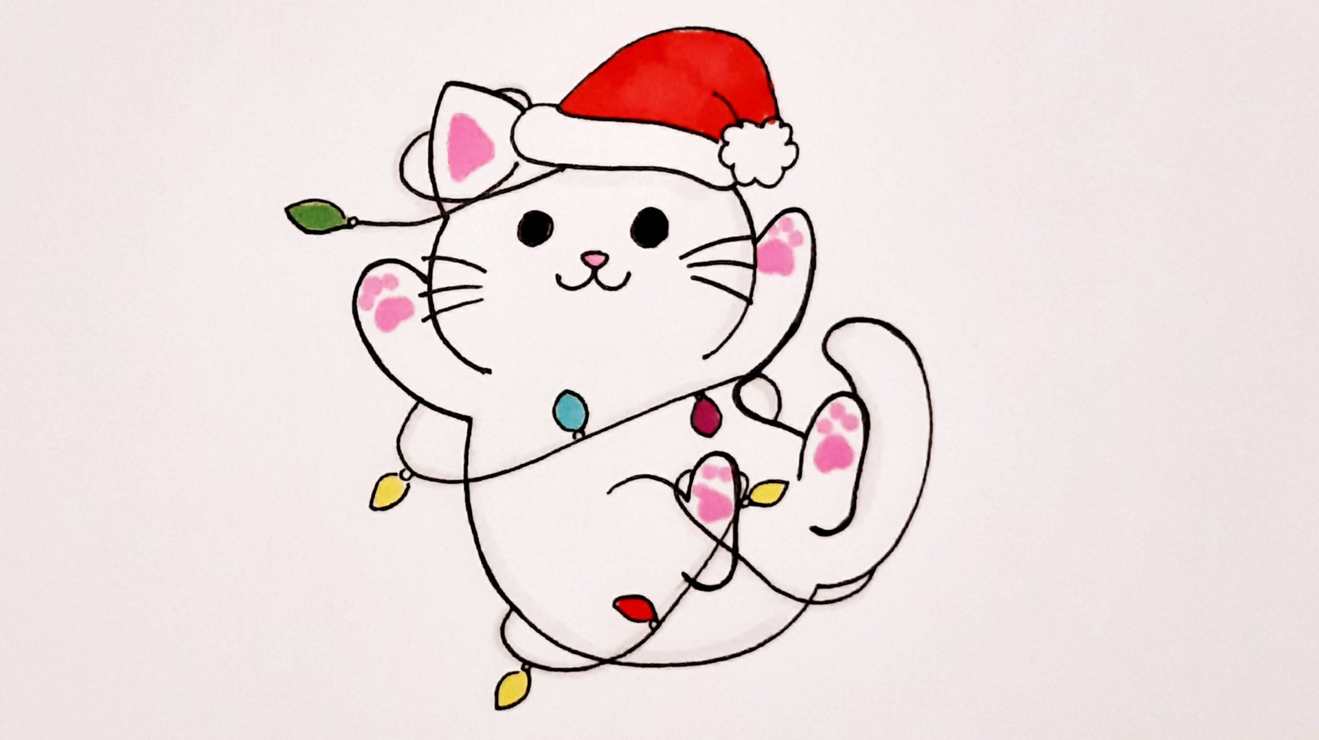 Как нарисовать новогоднюю гирлянду и котёнка в шапке Деда Мороза смотреть онлайн