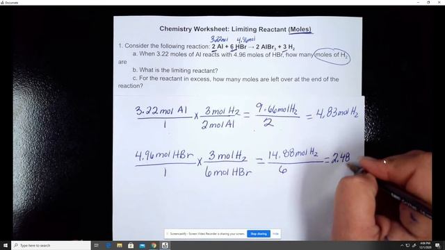 Chemistry Worksheet: Limiting Reactant (Moles) #1 смотреть онлайн