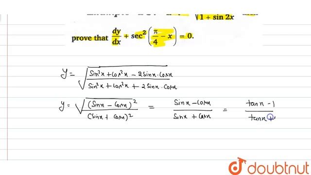 If y= `y=sqrt((1-sin 2x )/(1+sin 2 x))` prove that `(dy)/(dx)+sec^2(pi/4-x)=0.` смотреть онлайн