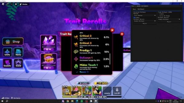 ROBLOX Anime Defenders HACK/SCRIPT | ROLLBACK & DUPE SCRIPT DUPE TRAIT REROLLS AUTOFARM INF GEMS