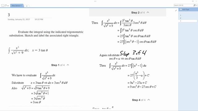 int x^3/sqrt(x^2 + 9)dx; x = 3 tan(theta) смотреть онлайн