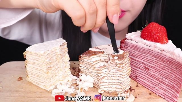 ASMR CREPE CAKE MUKBANG *RAINBOW, TIRAMISU, STRAWBERRY, MILK 레인보우 크레이프 케이크, 티라미수, 딸기 케이크 먹방