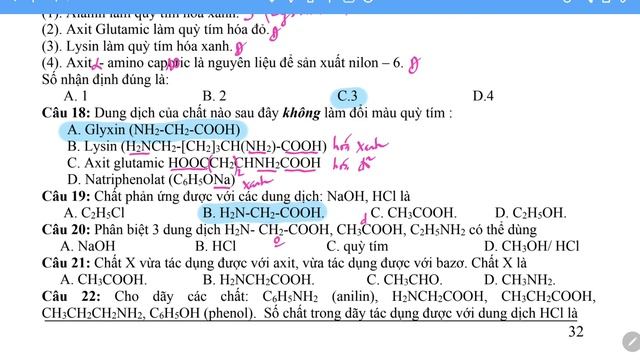HÓA 12, CHƯƠNG 3: TRẮC NGHIỆM LÝ THUYẾT AMINOAXIT 2 (xấp NHCH)