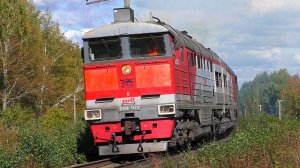 2ТЭ116-1428 с грузовым поездом даёт "медведя", преодолевая подъем