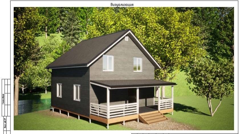 Проект каркасного дома 8х8 м с мансардой и террасой. Для постоянного проживания смотреть онлайн