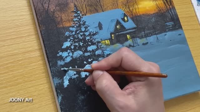 Зимний пейзаж с домиком в лесу / Акриловая живопись для начинающих смотреть онлайн