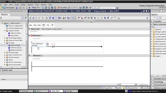 Single Push Button Start/Stop Ladder Logic Diagram using Siemens TIA Portal смотреть онлайн