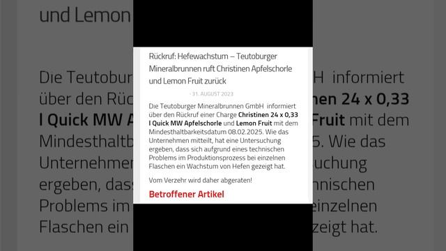 Rückruf: Hefewachstum–Teutoburger Mineralbrunnen ruft Christinen Apfelschorle und Lemon Fruit zurüc смотреть онлайн