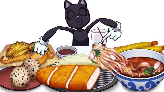 Mukbang Animation Pork Cutlet Udon Set Eating Cartoon Cat