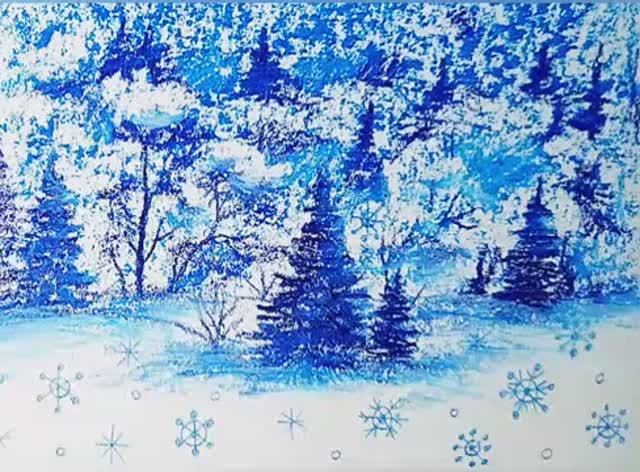 Как нарисовать красивый зимний пейзаж синей масляной пастелью и карандашами. смотреть онлайн