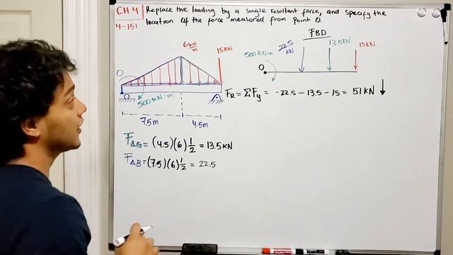 Statics 4.151 - Replace the loading by a single resultant force and location of force measured. смотреть онлайн
