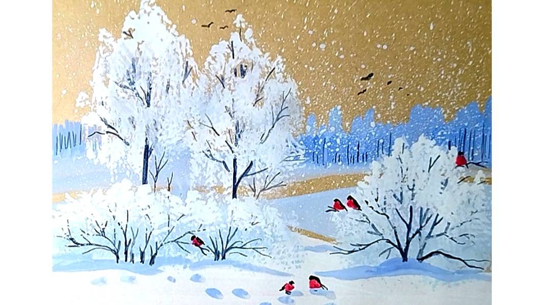 Снегири. Как просто нарисовать красивый зимний пейзаж гуашью, используя зубную щетку. смотреть онлайн