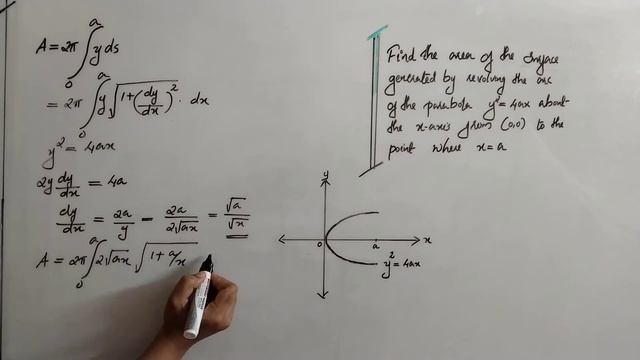 Area of surface generated by revolving arc of parabola y^2=4ax from (0,0) to the point where x=a. смотреть онлайн