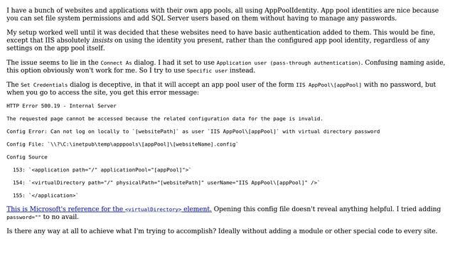 IIS 7.5: In the "Connect As" dialog, can't set "Specific user" to the application pool identity? смотреть онлайн