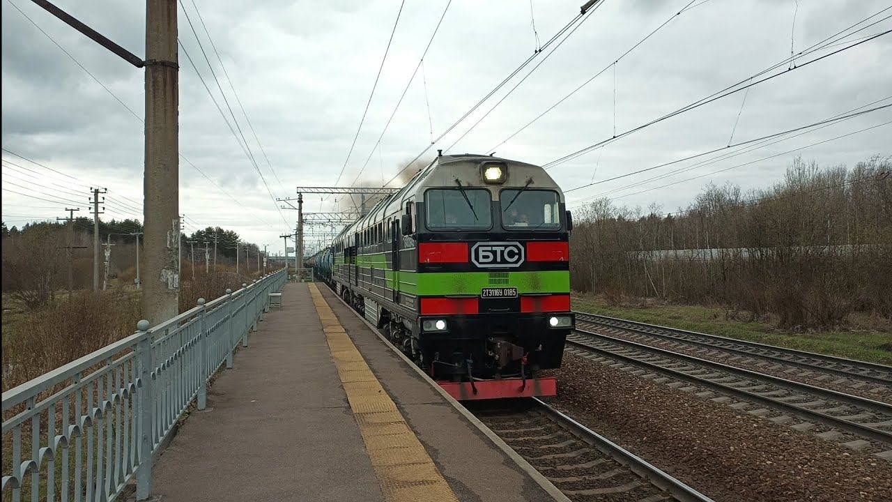 Бомбезно приветливый 2ТЭ116У-0185 "БТС" с наливным поездом, платформа 3 км смотреть онлайн