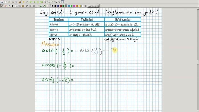 Eng Sodda Trigonometrik Tenglamalar, Tg(x)=a Tenglamani Yechish. Algebra 10-sinf. 41-dars