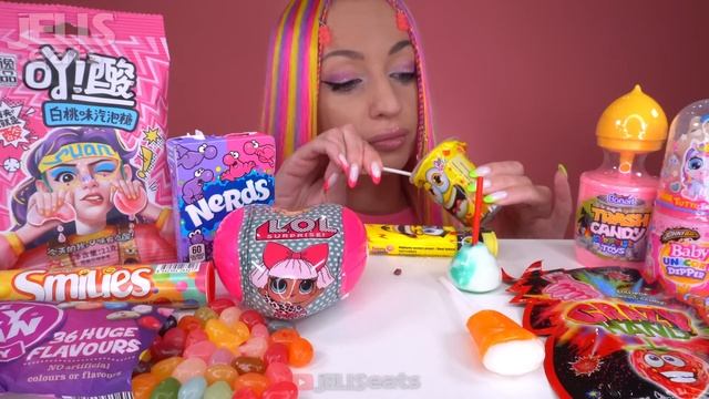 ASMR EATING LOLLIPOP, CANDY, SOUR SPRAY, NERDS, JELLY BEAN, MUKBANG, 막대사탕, 사탕 먹방