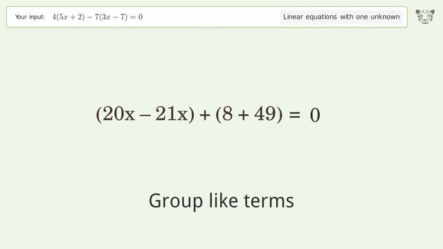 Solve 4(5x+2)-7(3x-7)=0: Linear Equation Video Solution | Tiger Algebra смотреть онлайн