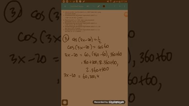 Penyelesaian dari persamaan trigonometri untuk 0《x《360° cos(3x-20)=1/2 adalah... смотреть онлайн