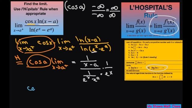 Find the limit as x approaches a^+ for (cos x ln(x -a))/ln(e^x - e^a). l’Hopital’s Rule смотреть онлайн
