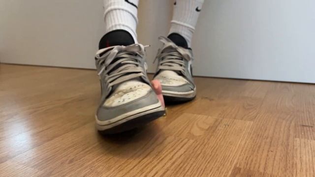Shoeplay & Stomping Christmas Marzipan Figure In Used Nike Air Jordan 1 Low Light Smoke Grey