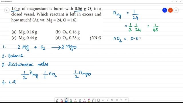 1.0 g of magnesium is burnt with 0.56 g O2 in aclosed vessel. Which reactant is left in excess смотреть онлайн
