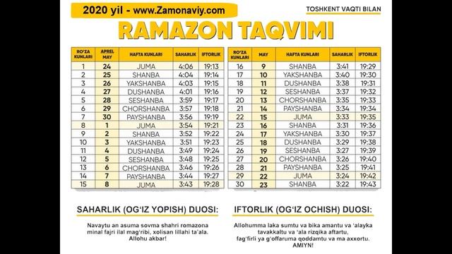 Рамазон таквим 2020