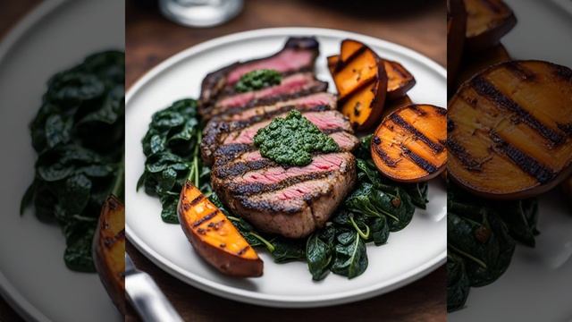 Стейк чимичурри на гриле с жареным сладким картофелем и обжаренным шпинатом смотреть онлайн