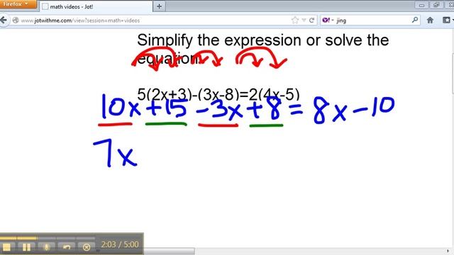 Solve the equation 5(2x+3)-(3x-8)=2(4x-5) смотреть онлайн