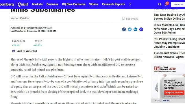 GIC To Acquire A Stake In Phoenix Mills Subsidiaries. Phoenix Mills share price up by around 15%. смотреть онлайн