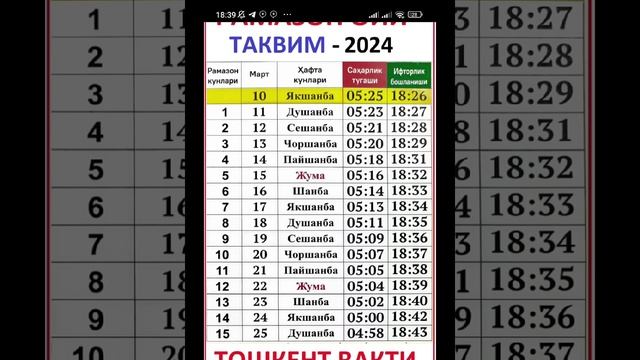 RAMAZON OYI TAQVIMI 2024 Hamma Viloyatlarga / Ro'za Vaqtlari 2024 Рамазон тақвими 2024 рўза вақтлар