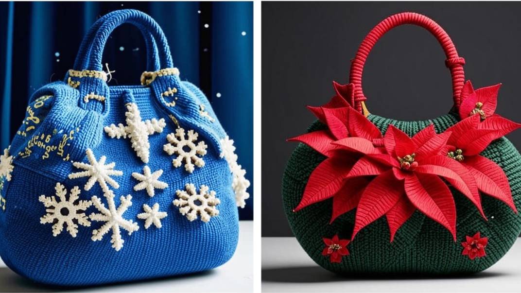 СУМКИ с узорами в виде СНЕЖИНОК и ПУАНСЕТТИЙ. От нейросети. ВЯЗАНИЕ. смотреть онлайн