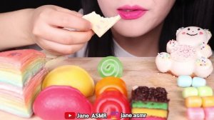 ASMR RAINBOW FOODS *HALF MOON CAKE, JELLO ROLL UPS, CAKE POP, MARSHMALLOW 무지개 떡, 젤로 먹방 JANE ASMR 제인