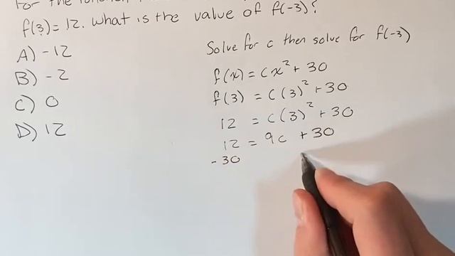 f(x) = cx^2 + 30 For the function defined above, c is a constant and f(3) = 12. What is the value o смотреть онлайн