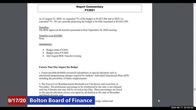 Bolton Board of Finance - September 17, 2020 смотреть онлайн