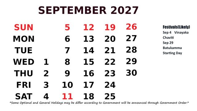 September Calendar 2027
