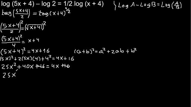 hallar x en logaritmos , ecuaciones con log , log(5x+4) log2 log(x+4) смотреть онлайн