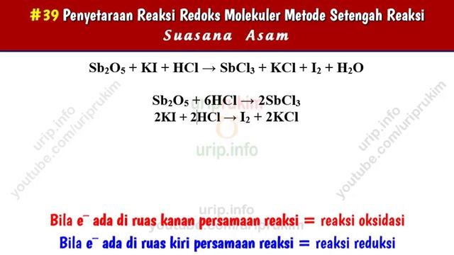 Metode IE/SR, Penyetaraan #39: Sb2O5 + KI + HCl → SbCl3 + KCl + I2 + H2O (Asam) смотреть онлайн
