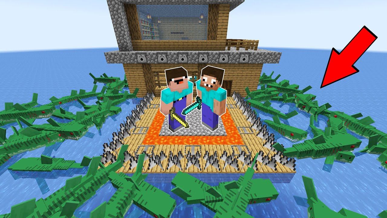 НУБ И ПРО ЗАЩИЩАЮТ ДОМ ОТ 1000 АКУЛ ЗОМБИ В МАЙНКРАФТ ! ПРОФЕССИОНАЛ И 100% ТРОЛЛИНГ ЛОВУШКА смотреть онлайн