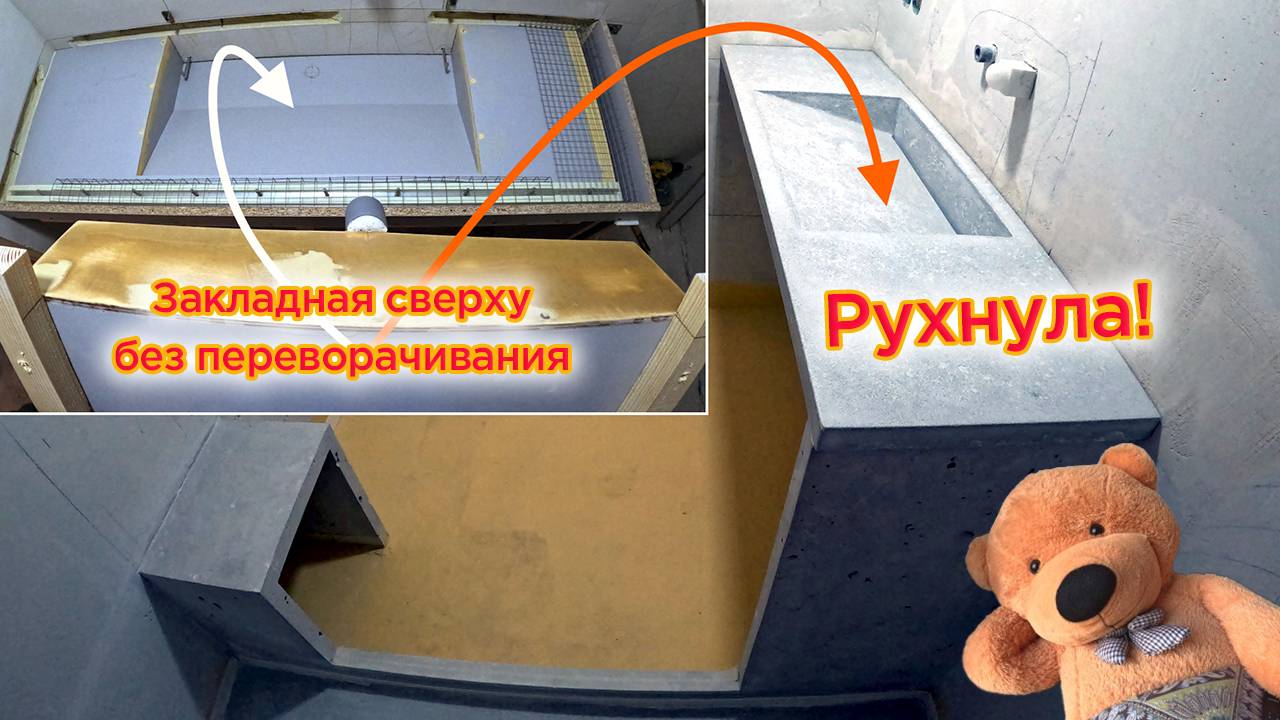 Бетонная столешница с Щелевой раковиной по месту. Монолитный комплекс из Микроцемента.