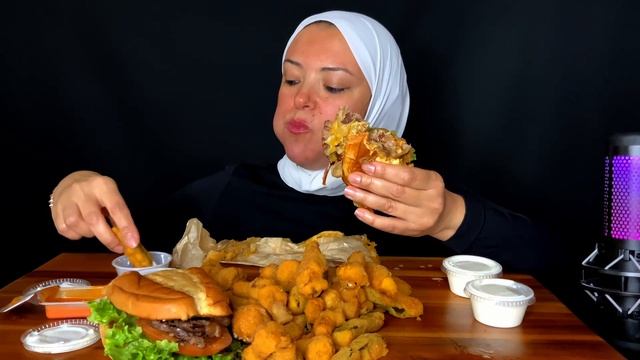 ASMR JUICY RIBEYE SANDWICH AND DOUBLE CHEESEBURGER WITH FRIED MUSHROOM AND FRIED ZUCCHINI MUKBANG смотреть онлайн
