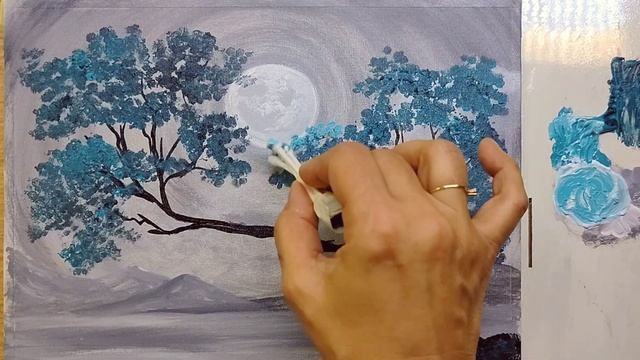 💙Blue Tree Painting under Moonlight/ Cotton Swab / Technique Acrylic Painting on Canvas/ Beginners смотреть онлайн