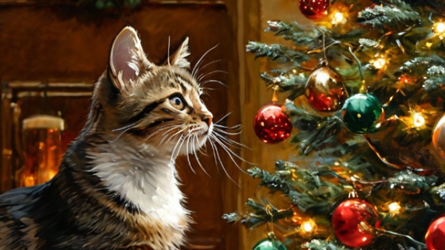 кот и ёлка