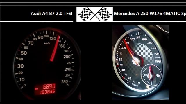 Audi A4 B7 2.0 TFSI VS. Mercedes A 250 W176 4MATIC Sport - Acceleration 0-100km/h смотреть онлайн