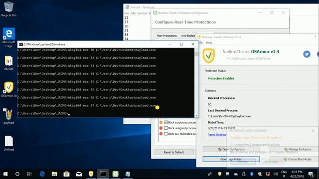 Testing OSArmor With UACME On Windows 10 SCU 1803 64-bit