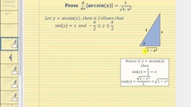 Prueba: la derivada de f (x) = arcsin (x): d / dx [arcsin (x)] смотреть онлайн
