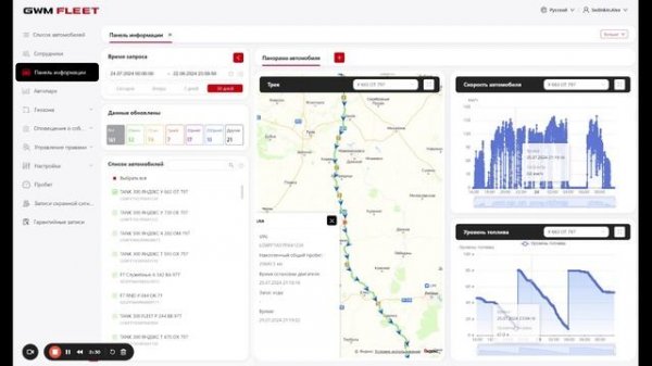 Панель информации: трек, скорость, уровень топлива, сводный отчет