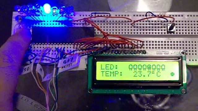 Atmega32 + termometr DS18B20 + LCD 2x16 + 8LED смотреть онлайн
